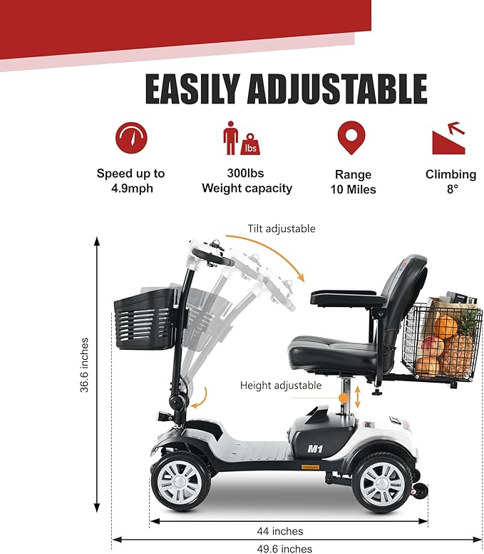 Metro Mobility 4 Wheel Electric Mobility Scooters for Adults - 300 lbs Capacity Folding Mobility Scooter for Seniors, Travel - Long Range Power Extended Battery & Easy Disassembly - White
