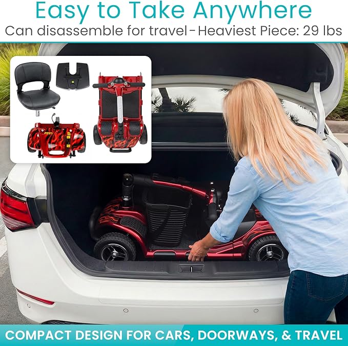 Vive 4 Wheel Mobility Scooter - Electric Powered Wheelchair Device - Compact Heavy Duty Mobile for Travel, Adults, Elderly (Red Fire)