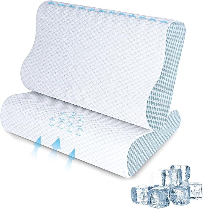 Cooling Pillows Queen Size Set of 2, Memory Foam Bed Pillows for Sleeping, Ergonomic Cervical Pillow for Neck and Shoulder Pain Relief, with Pillowcase,2 Pack