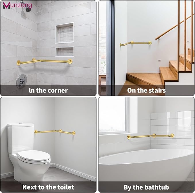 Shower Grab Bar, 16 Inch Angled Munzong Anti Slip Gold Bathroom Grab Bar, L-Shaped Knurled Balance Bar, Safety Hand Rail Support Injury Senior Assist Bath Handle Handicap Elderly