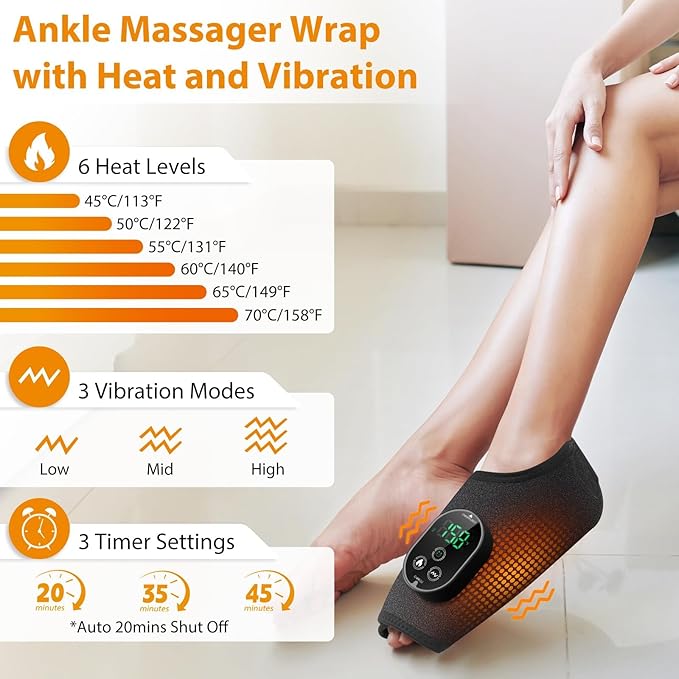 Cordless Ankle Massager with Heat, Neuropathy Foot Massager Ankle Heating Pad Wrap for Pain Relief 6 Heats 3 Vibrations, Timer & Auto Shut Off