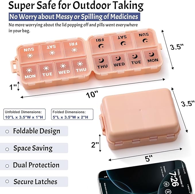 Foldable & Portable Weekly Pill Organizer 2 Times a Day with Clear Printed Labels - 7 Day AM PM Medicine Box, Week Daily Travel Pill Meds Case Holder for Medications, Vitamin, Supplement - Pink