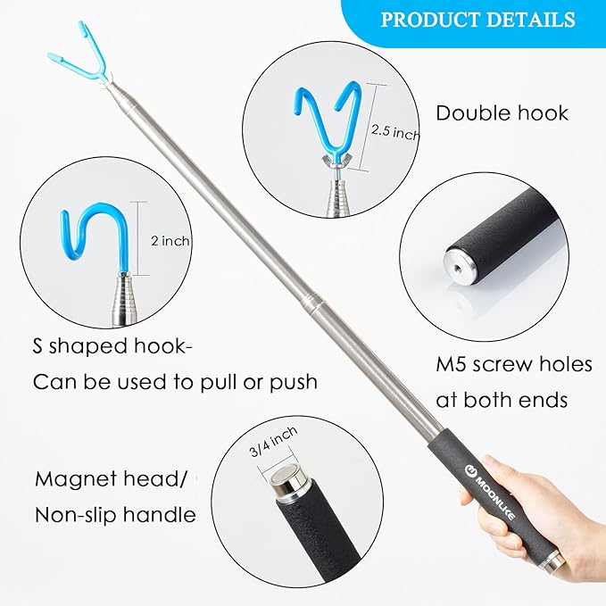 Telescoping Pickup Grabber Tool Magnetic Pole with 2 Hook and a Magnet, 10 ft Telescopic Hook Pole Wire Reacher Tool Push Pull Rod, Disc Golf Retriever Pole, Disc Golf Accessories
