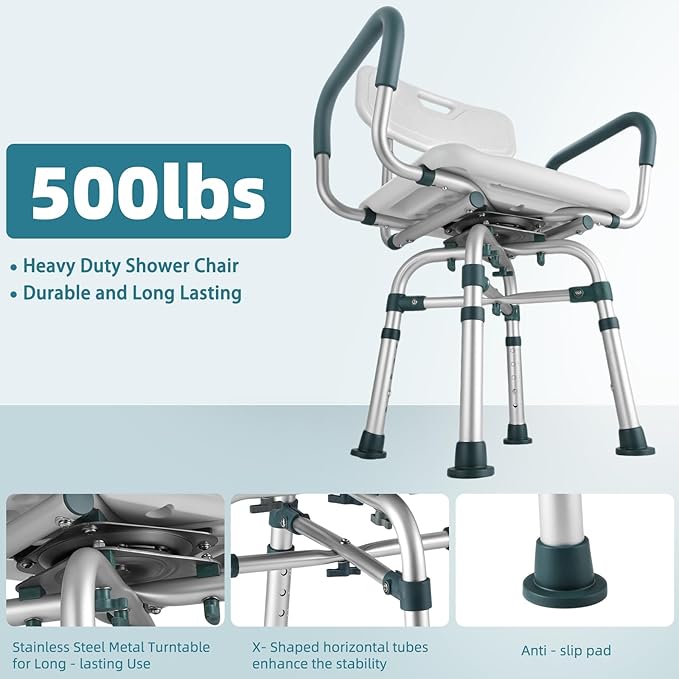 Swivel Shower Chair with Arms and Back, 500 lbs Heavy Duty Shower Stool for Inside Shower Stall and Bathtub, Height Adjustable Rotating Shower Chair & Seat for Elderly, Adults, Handicap and Disabled