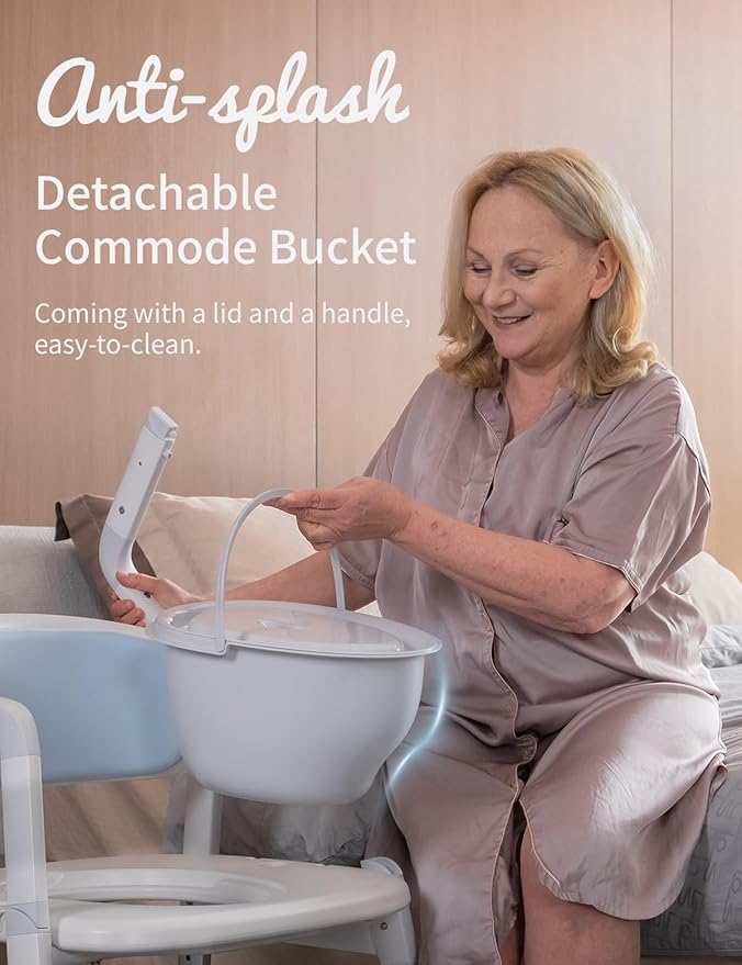 3-in-1 Bedside Commode Shower Chair with Liftable Arm Anti-Splash Bucket Extra-Wide Padded Adjustable Raised Toilet Seat for Seniors up to 300 lbs. Potty Chair for Toilet (Blue)
