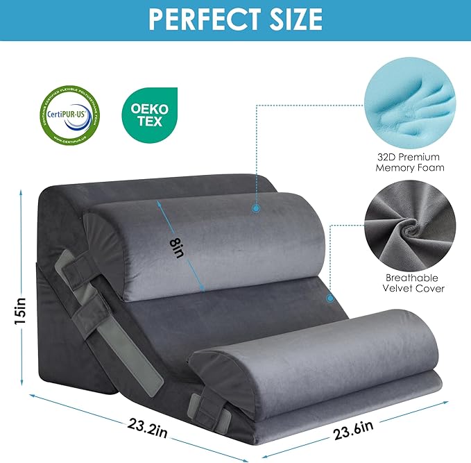 MEGCXIT 4PCS Bed Wedge Pillow for Headboard, Adjustable Wedge Pillow for Sleep Apnea, 23” Wide Triangle Pillow Wedge Set for After Surgery, Acid Reflux Relief, Snoring, Neck&Back Support, Grey