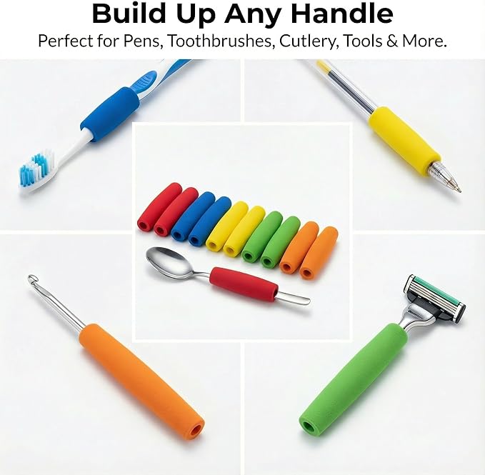 Foam Grip Tubing Kit for Adaptive Utensils & Silverware - Built Up Handle Aid for Arthritis, Elderly, Parkinsons, Stroke - Non-Slip Pencil Grips & Tool Holder - 5 Assorted Sizes (10 Pack)