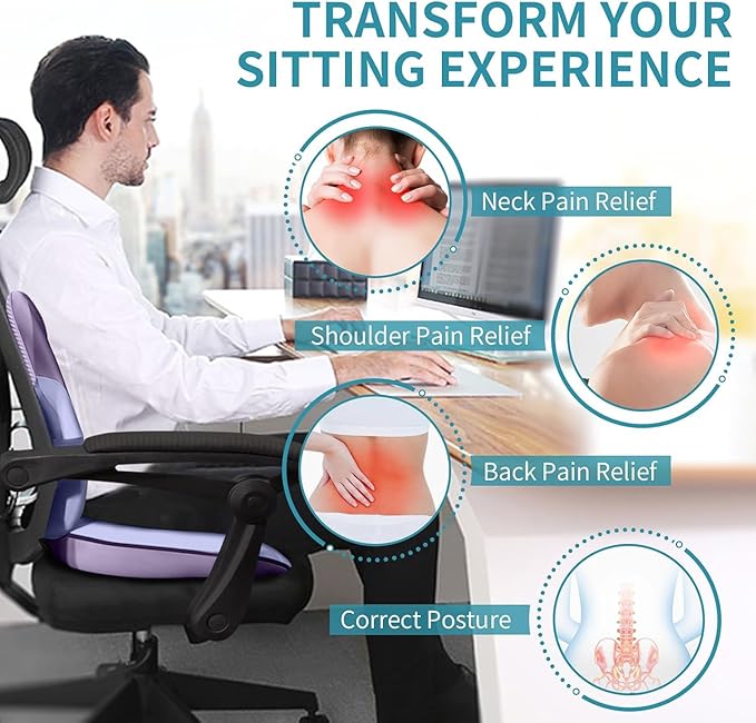 FLORICH Seat Cushion and Lumbar Support Pillow for Office Chair Car Neck Headrest Pillow Memory Foam Seat Pads Pressure Relief Back Cushion and Carseat Pads(Purple)