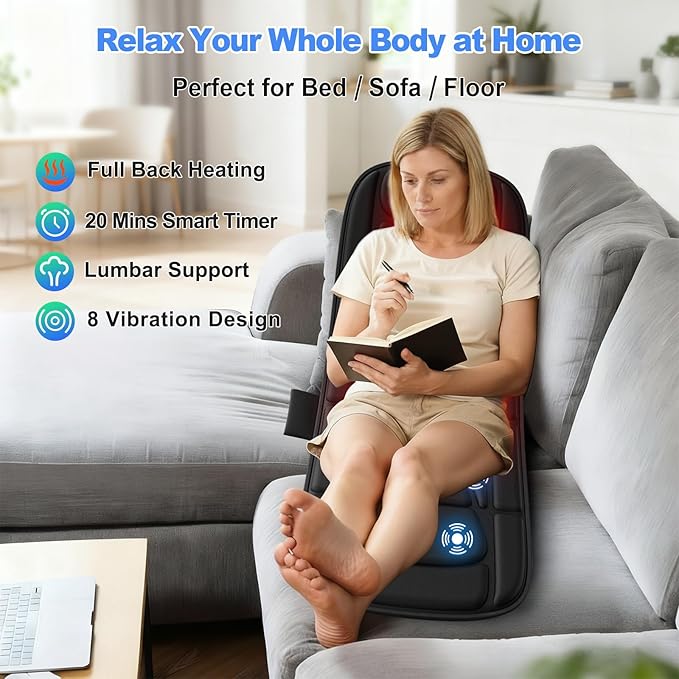 Full Body Massage Mat with Heat, Vibration Massage Mattress Pad with Lumbar Support Cushion, Foldable Massage Mat for Bed, Sofa & Floor, Relaxation & Comfort