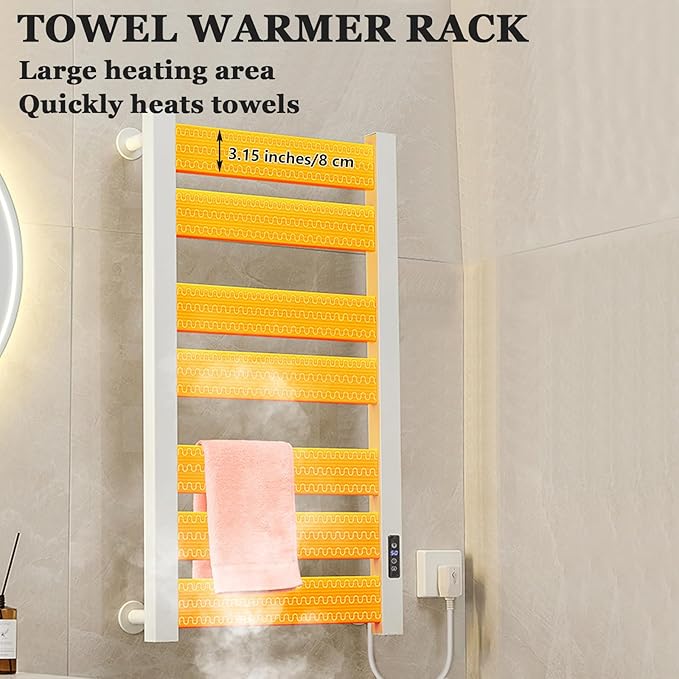 Towel Warmer Rack, Heated Towel Rack for Bathroom, Wall-Mounted Plug (Not Hardwired), Aluminum alloy/7 large area heating rods, With Timer and Temperature Adjustment, Overheat Protection Function