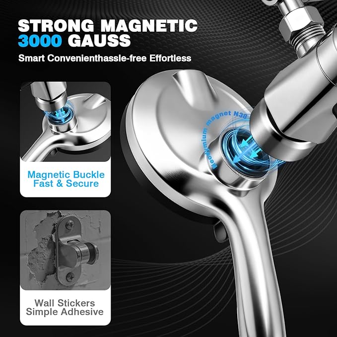 Rainfall Shower Head With Handheld Combo, Adjustable Drivse Filtered Shower Heads with Handheld Spray Combo, One-piece High Pressure, Built-in Magnetic Docking and Power Jets
