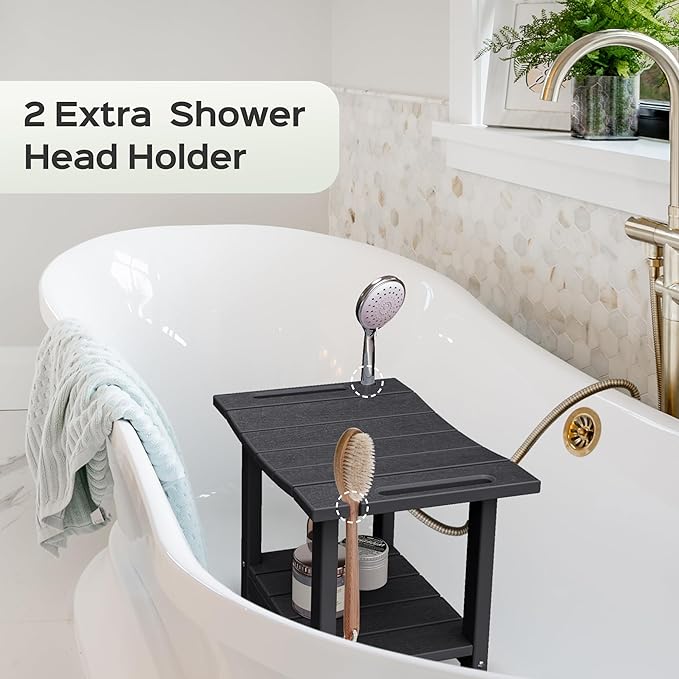 LyriFine Shower Bench - HDPE Waterproof Shower Bench for Inside Shower, 18.7" Shower Stool with Shower Head Holder, 350lbs Shower Seat with Storage Shelf, Shower Chair for Bathroom Indoor Outdoor Use