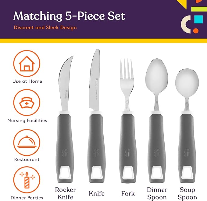 Special Supplies Adaptive Utensils 5-Piece Set Non-Weighted, Non-Slip Handles for Hand Tremors, Arthritis, Parkinson’s or Elderly Use - Stainless Steel Knife, Rocker Knife, Fork, Spoons (Grey)
