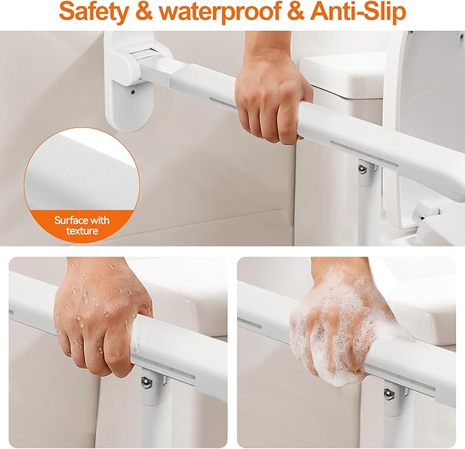 SPECILITE Heavy Duty Toilet Grab Bar - 440lb Sturdy Support, Safety Rails with Non-Slip Waterproof handrail & Night Glow Strips, Space Saving Flip-Up Design for Elderly, Disabled, Pregnant & Injury