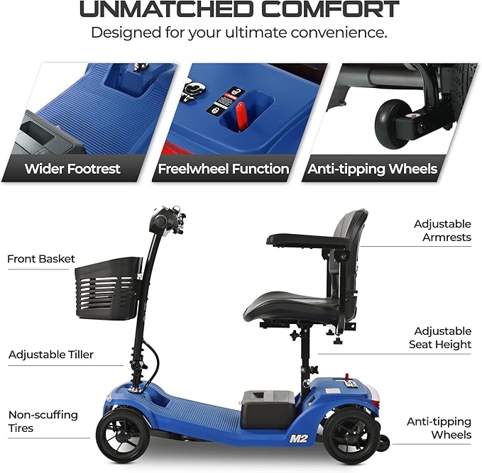 Metro Mobility 4 Wheel Powered Mobility Scooters, 330 lbs Capacity Mobility Scooters for Adults, Folding Mobility Scooter Lightweight, Electric Scooters for Seniors 20 Miles Range LED Light Blue