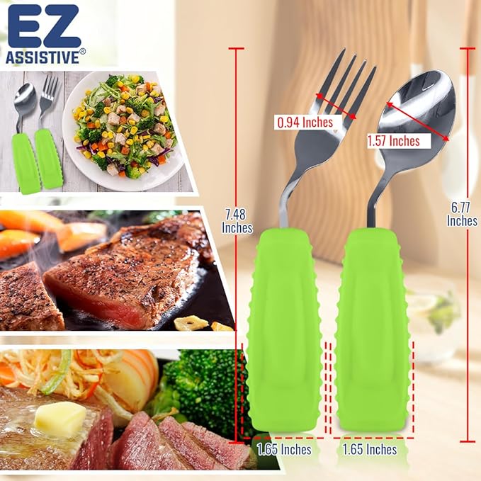 EZ Assistive Adaptive Utensils Spoon & Fork Easy to Hold for Independent Eating, Weighted Utensils for Hand Tremors