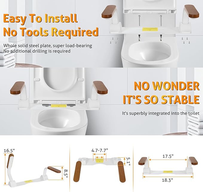 Toilet Safety Rails for Elderly, WICHEMI Toilet Rails for Seniors Adjustable Handicap Toilet Seat with Foldable Wooden Handles Heavy Duty 480LBS Toilet Assist Rails for Seniors, Handicap, Pregnant
