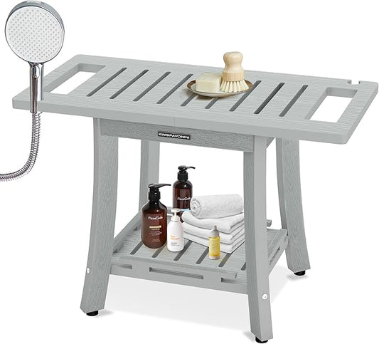 KingPavonini HDPS Shower Benches for Inside Shower to Sit on, Waterproof Shower Stool for Shaving Legs, Heavy Duty 450LBS Shower Seat with Storage Shelf, Shower Chair for Bathroom/Indoor/Outdoor Use