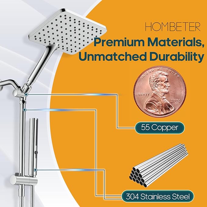 Hombeter High Pressure Rain Shower Head with Handheld Combo, 10 Inch Square Rainfall Showerhead, Adjustable Slide Bar Dual Shower System, 3 Spray Modes, 59" Stainless Steel Hose,Chrome