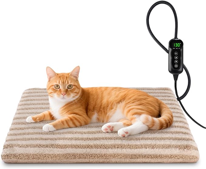 SHU UFANRO Pet Heating Pad, Waterproof Heated Cat Bed with 11 Adjustable Temperatures & 24H Timer, Auto Shut-Off, Chew-Resistant Cord, Washable Cover, Indoor Electric Heating Mat, Beige, S(18" x 16")