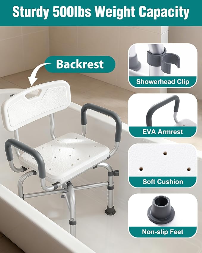 Lamberia Shower Chair for Inside Shower with Arms and Back, 500lbs Heavy Duty 360° Swivel Bathtub Seats, Height Adjustable Safety Bath Seat for Elderly, Adults, Handicap and Disabled(Arms and Back)