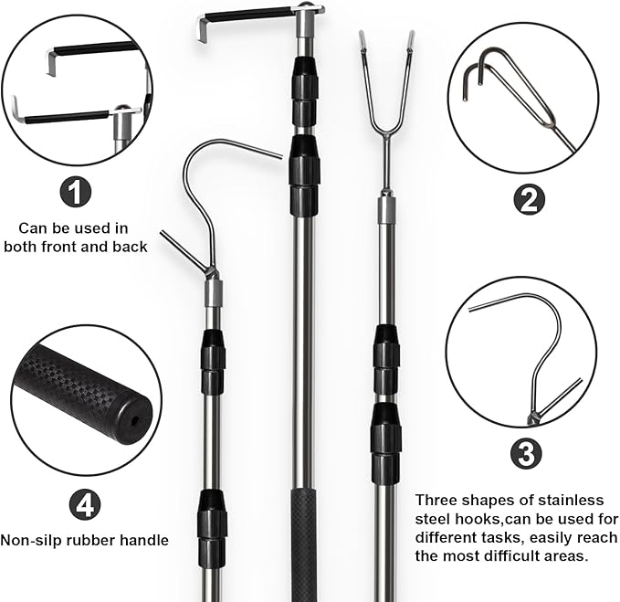 Truck Cargo Grabber - 6.3 Ft Heavy Duty Truck Bed Grabber Tool Telescoping Pole with 3 Hooks, Reach Retriever Tool for Pickup Trucks Bed, Accessories, and More (Black), Gift Ideas