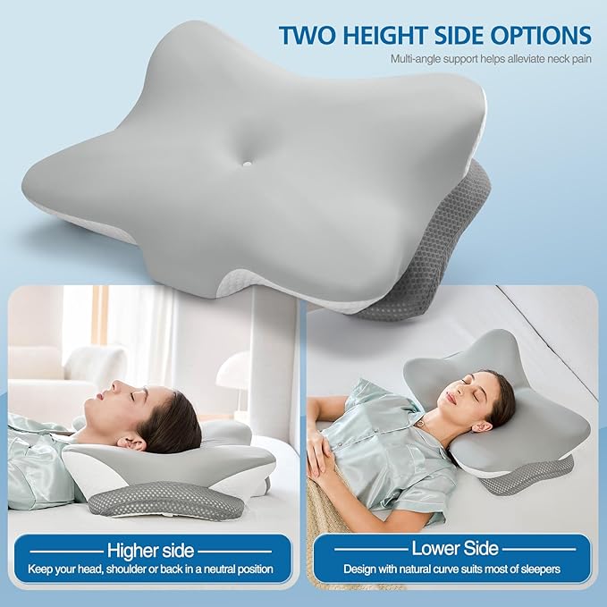 Krightlink Ergonomic Memory Foam Cervical Pillow for Neck Pain Relief - Contour Design with Dual Heights for Side/Back/Stomach Sleepers with Washable Breathable Pillowcas