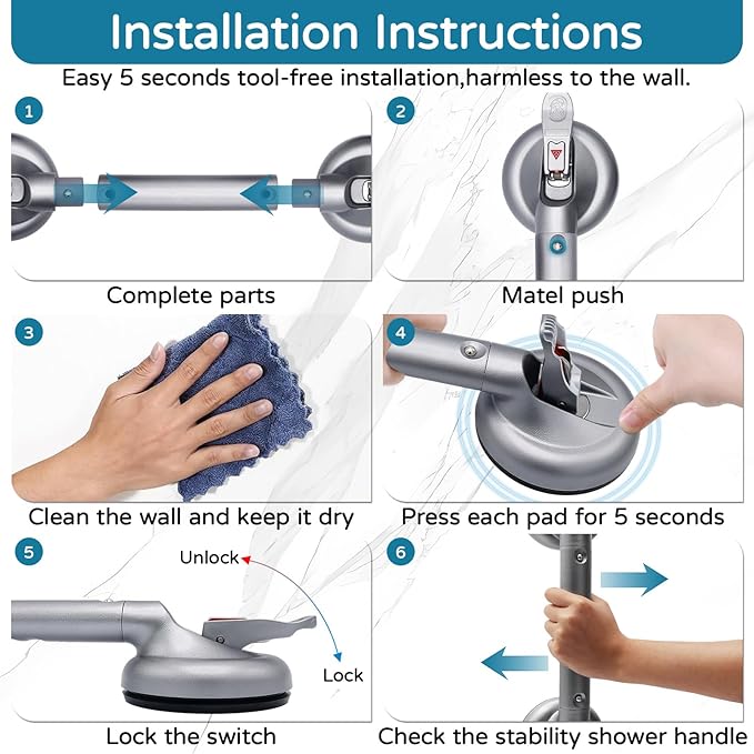 Suction Grab Bar for Shower Bathtub, Heavy Duty Shower Handle with Strong Suction Cup for Bathroom Wall, Max 269lbs Safety Handrails Non-Slip Grip for Seniors Elderly Disabled Handicap, 17 Inch Silver