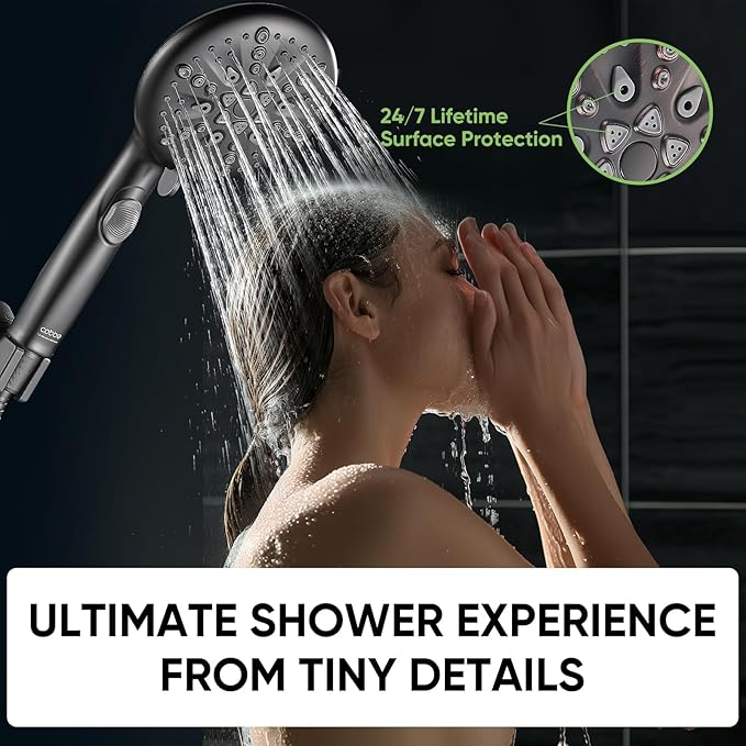 Cobbe 9-Function Shower Head with Built-in Power Spray, 1.8 GPM Water Saving ON/OFF Toggle Switch, High Pressure Handheld Showerhead with 1-Click Pause Button, Brass Bracket & 6ft Hose, Black
