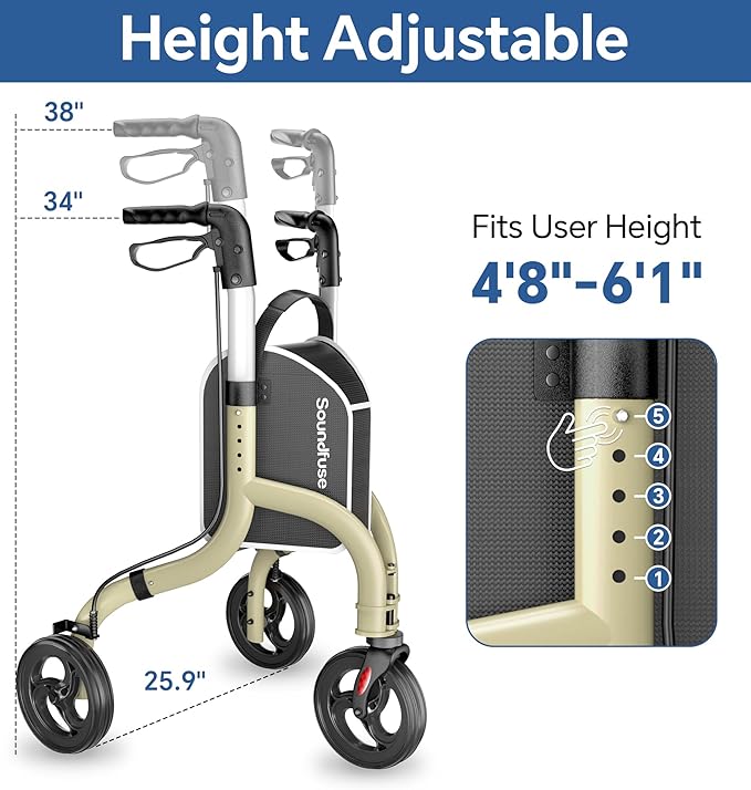 SOUNDFUSE 3 Wheel Walkers for Seniors, Lightweight Foldable Aluminum Rollator Walker, Height Adjustable Three Wheel Walker, Champagne