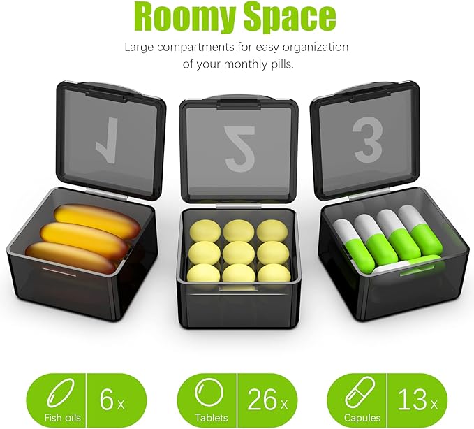 Monthly Pill Organizer Once a Day - 30 Day Pill Organizer Box - Easy to Open - Large Compartments Portable Case for Travel, Month Pill Cases Medicine Organizer for Vitamin (Black)