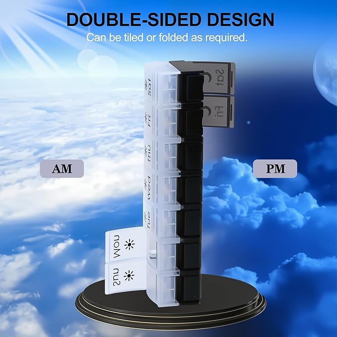 XL Large AM/PM Weekly Pill Organizer Arthritis Friendly, 2 Times a Day Pill Box with Spring Open Design, 7 Day Vitamin Case with Push Button Compartments (Black & Clear)