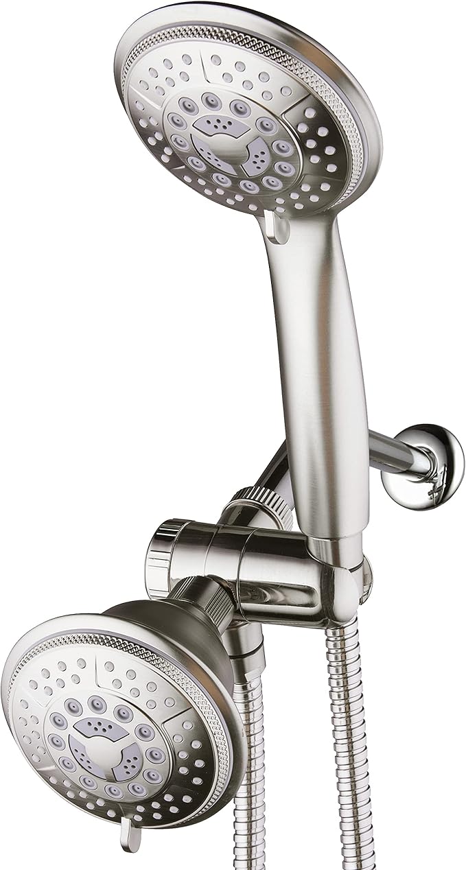 For California High Pressure 24-setting Handheld & Rain Shower Head Combo, Stainless Steel Hose, 3-way Water Diverter - Nickel Finish