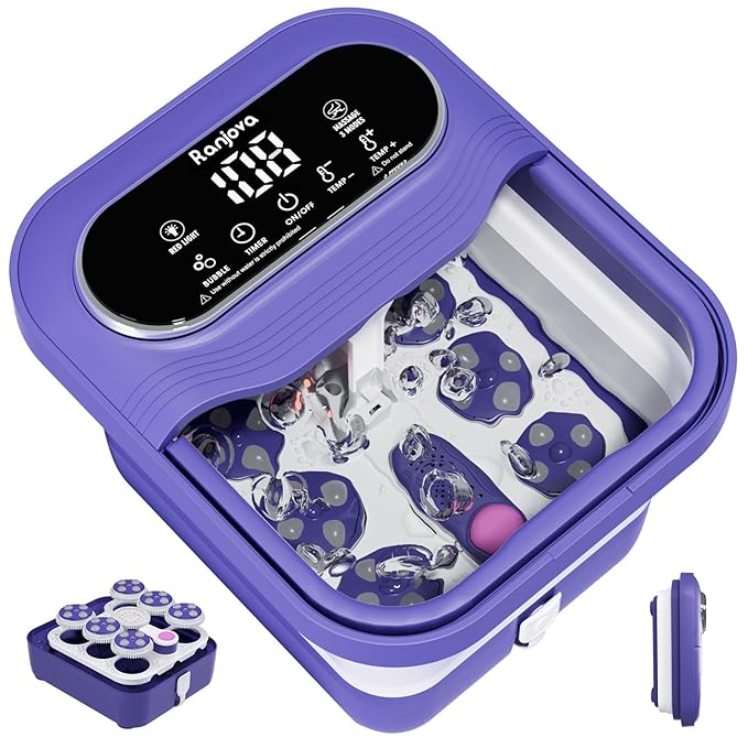 Ranjova Foot Spa Electric Rotary Massage, Collapsible Foot Bath with Heat, Bubble Jets,Temp Control, and 24 Motorized Shiatsu Massage Balls, Pedicure Foot Spa for Feet Relaxation (Blue)