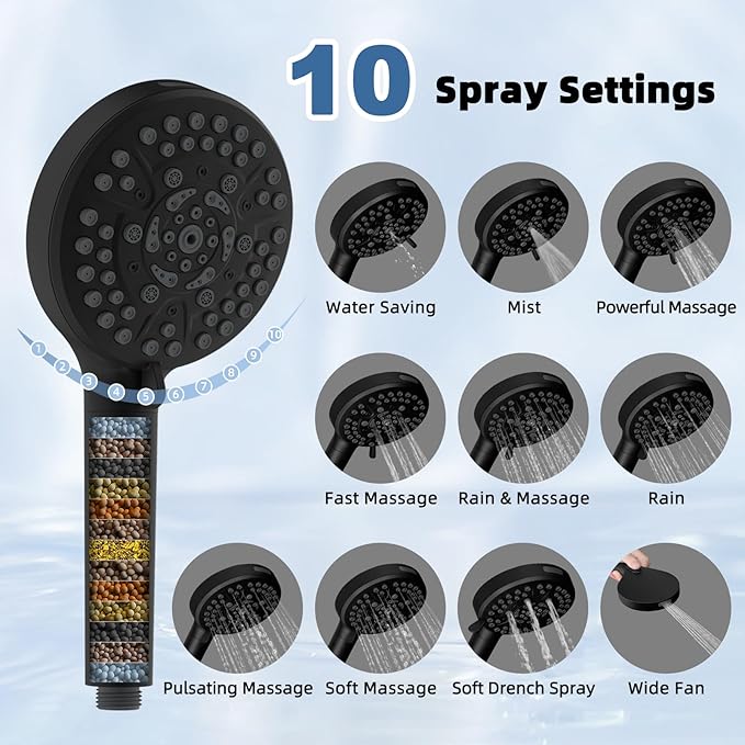 Metal Rain Filtered Shower Head, 10” High Pressure Rainfall Shower Head with Handheld, 10 Modes Handheld Powerful Wash, 16" Adjustable Extension Arm, 20-Stage Shower Filters for Hard Water, MatteBlack
