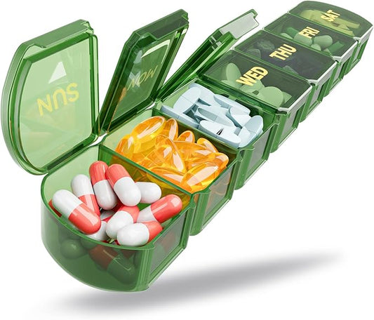 Large Pill Organizer Weekly - SHIJOINYU 7 Day Pill Box with Easy-Open Design, Daily Medicine Pill Organizer for Vitamins, Supplements, Fish Oils and Medications - Green