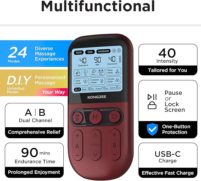 4 in 1 - D.I.Y & Tens Unit & EMS & Massage Muscle Stimulator, Dual Channel TENS Units Therapy Machine for Pain Relief, FDA Cleared Rechargeable Electronic Pulse Massager,with 12pcs Electrode Pads