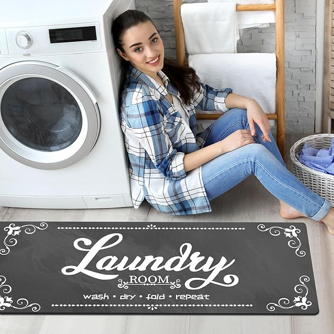 Laundry Room Rug Runner, 17.7"x45" Non Slip Grey Laundry Rugs, Farmhouse Washable Floor Laundry Mats for Laundry Room, Mudroom, Kitchen, Washroom, Bathroom, Hallway Entryway Area Rugs Decor