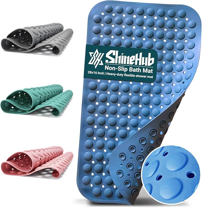 7mm Extra Thick TPE Bath Mat, Non-Slip Shower Mat for Bathroom and Tub, 28x16 Inch with Drainage Holes and Stability Grip, Machine Washable, Seashell Blue