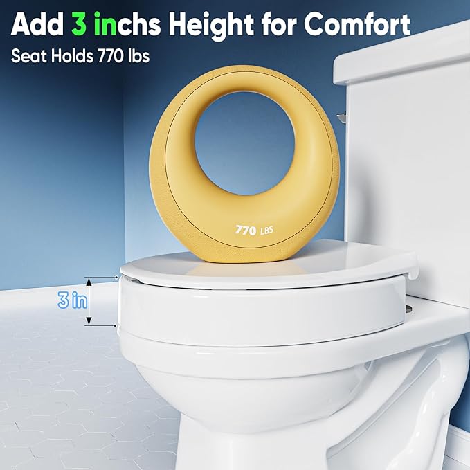 SAMODRA Raised Toilet Seat Riser Round, White, 3 Inch High Elevated Toilet Seat for Seniors, Soft Close, Easy Install & Clean (Round)