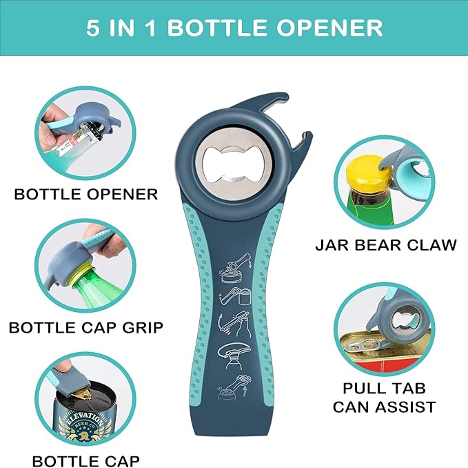 Jar Opener for Weak Hands, Seniors with Arthritis, 3 in 1 Multi Function Bottle Opener Lid Opener For Arthritic Hands with Non Slip Rubber Jar opener Gripper Pad (Blue)