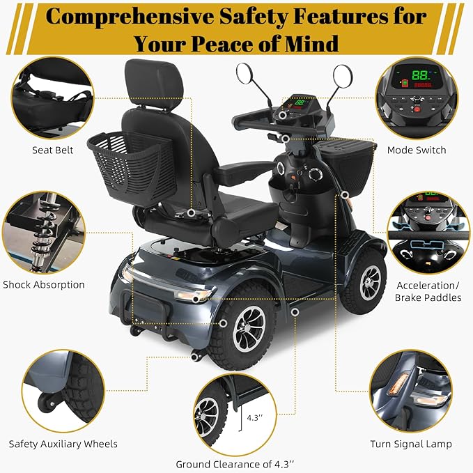 Ecomobi Outdoor Heavy Duty Mobility Scooter for Adults & Seniors - 1000W, 500 lbs Bariatric Capacity, 32 Miles Long Range, 13.78 in Off-Road Tires, 15 MPH Max Speed, Full Suspension, Bluetooth Speaker
