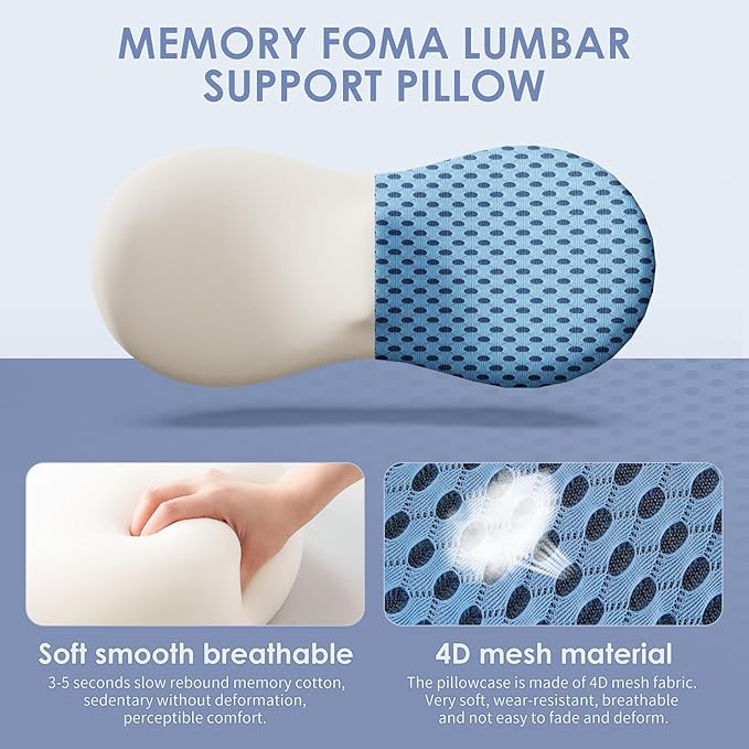 kasney Lumbar Support Pillow, Memory Foam Lumbar Pillow for Lower Back Pain Relief, Back Support Pillow for Office Chair, Car Seat - Blue
