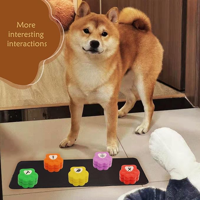 Dog Buttons for Communications with 36 Stickers & 19.6 inch Rubber Pad - Recordable Buttons for Pet Training (30s Voice), Customizable Stickers for Eat/Play/Help/Scared, Pet Communication Set