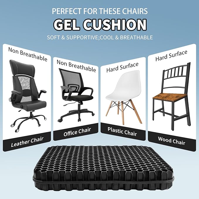 Gel Seat Cushion for Long Sitting - 16.5" x 14.5" x 2.4" (Extra Thick＆Soft) Gel Cushion for People Over 185 lbs, Pressure Relief Cushion for Office Chair, Egg Cushions for Wheelchair, Gel Pad for Car