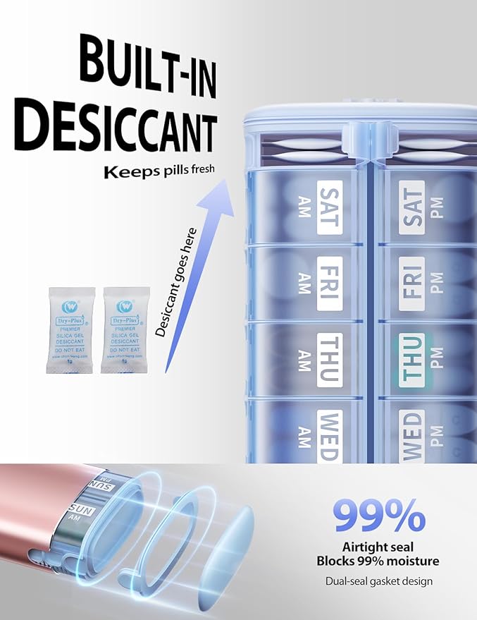 Vaydeer Metal 7 Day Pill Organizer 2 Times a Day – AM PM Weekly Travel Pill Case with Moisture-Proof Desiccant, Airtight Large Capacity Pill Box for Vitamins, Medications & Supplements (Grey)