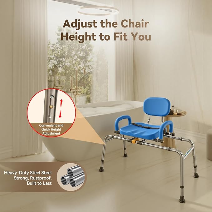 Sliding Shower Chair with Swivel Seat for Tub – 450lbs Bariatric 360° Rotating Bathtub Transfer Bench Inside Shower, Adjustable Height & Width Bath Chairs for Adults Seniors Elderly and Disabled