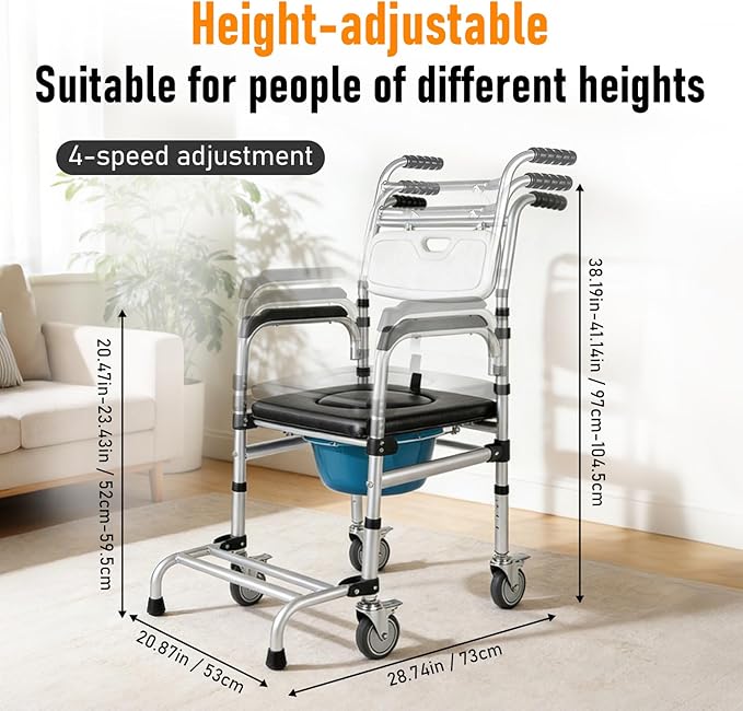 Shower Chair with Wheels Aluminum Alloy 4 in 1 Foldable Height Adjustable Shower Wheelchair, Sturdy Rolling Shower Chair with Large Commode for Seniors (White)