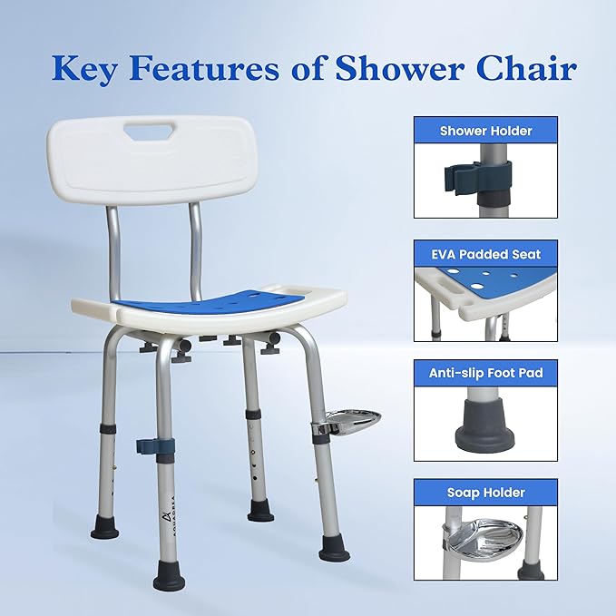 Shower Chair for Inside Shower With Soap box - Height Adjustable Shower Chair for Elderly and Disabled with Removeable Back & Enhanced Non-Slip Feet - Lightweight Aluminum Construction - Blue