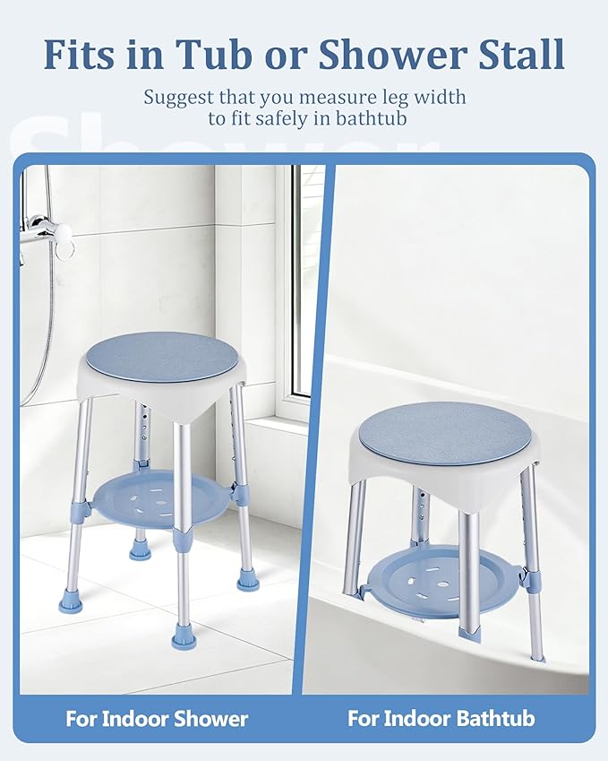 Shower Stool with Storage Tray, Height Adjustable Rotating Shower Chair for Seniors and Adults, 360° Swivel Tub Transfer Bench for Bathroom and Inside Shower (Blue)